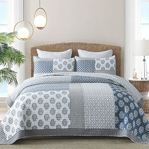 Y-PLWOMEN Queen-Bettwäsche-Set, 100 % Baumwolle, leicht, Bauernhaus-Blumenmuster, wendbar, Tagesdecke, für alle Jahreszeiten, blau/weiß/grau, 3-teilig (inklusive 1 Steppdecke + 2 Kissenbezüge)