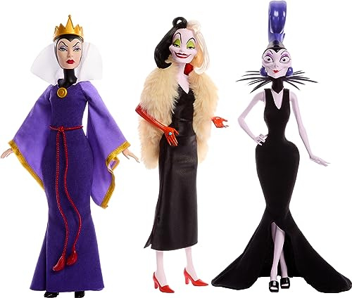 Mattel Disney 3 Poupées Villains La Méchante Reine, Cruella De Vil Et Yzma En Tenue Emblématique Et Expressions Faciales Maléfiques, À Collectionner, Jouet Enfant, A Partir De 3 Ans, HRF56