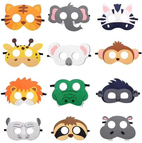 YiiiGoood Tiermasken für Kinder 12 Stk. Tiere Filzmasken Tier Masken Foto Accessories Dschungel Geburtstag Deko Safari Party Geburtstagsdeko Kindergeburtstag