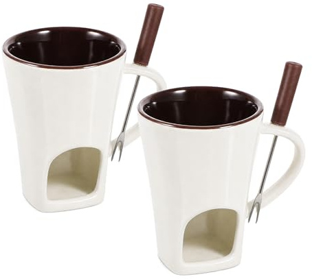 UPKOCH 2 Sets Chocolate Fondue Mug with Forks - Ceramic Chocolate Melting Pot, Tealight Candle Cheese Warmer Cup with Ventilation Openings Base for Ice Cream, Party and Family Dessert, White