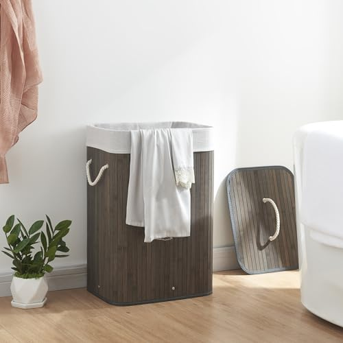 [en.casa] Wäschekorb Salla Wäschebox mit Deckel Wäschesammler Herausnehmbarer Wäschebeutel Laundry Basket Umweltfreundlich 72L Bambus Dunkelbraun