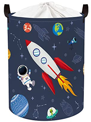 Clastyle 63L Cesta Portabiancheria Animale Astronauta Universo Blu per Ragazzi Contenitore Giochi Bambini Grande Tondo Pieghevole per Camera da Letto, 40x50 cm