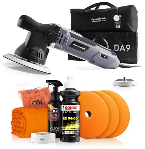 Poliermaschinen Set: chemicalworkz DA9 Exzenter Poliermaschine + Sonax One-Step Politur + Royal Pads Polierpads + Zubehör - Auto Lack Politur, Kratzer entfernen, Aufbereitung | 8-teilig