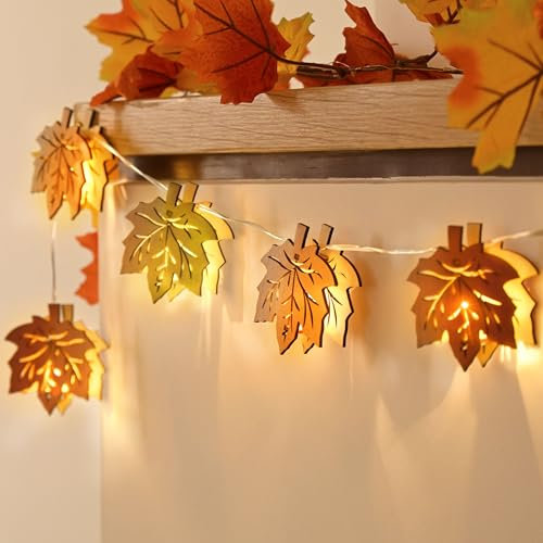 Valery Madelyn Autumn Decor, Pre-lit 3D Maple Leaves String Light,1.5M 10 LED Autumn Lights, Colorful Light Up Wooden Halloween Decorations for Harvest Fall Home Decor