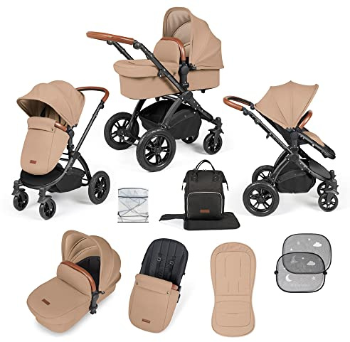 Ickle Bubba Stomp Luxe 2 in 1 Kinderwagen - Geeignet von Geburt an bis zu 22 kg (ca. 4 Jahre*), All-Terrain, faltbar, inkl. Regenschutz, Fußsack, Schürze, Sonnenschirm (Schwarz/Desert/Hellbraun)