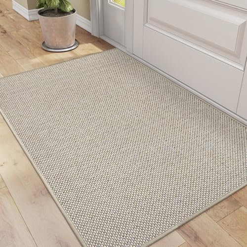 DEXI Indoor Door Mat 60 x 90 cm, Non Slip Rubber Backing, Low Profile Dirt Trapping Doormat for Entrance, Patio, Pets, Beige