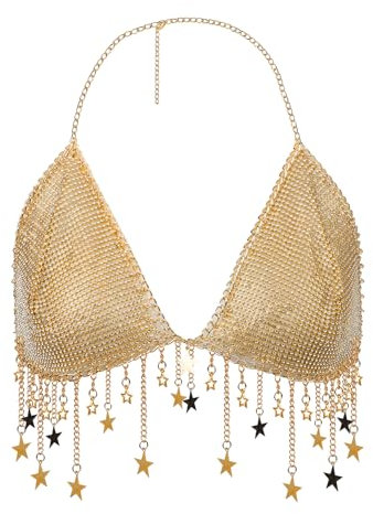 Frauen Pailletten-BH Quasten, Sterne Halsweste Sexy Bra Glitzerndes rückenfreies Oberteil Bauchtanz Kostüm mit Quasten Glitzer Dessous für Nachtclub, Bauchtanz, Boho, Latin Dance, Musikfestival