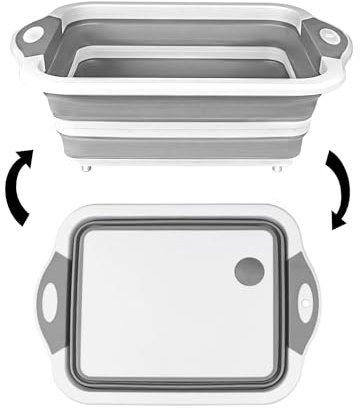 Tabla de cortar plegable para camping, tina preparada para barbacoa con tapa goteo, estación de lavado de platos para fregadero de cocina y camping, cesta de almacenamiento multifuncional (gris