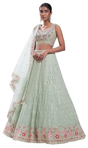TRENDMALLS Dam guld gult nät broderi sekvens arbete Lehenga Choli set med Dupatta för kvinnor, PistaGreen, en storlek