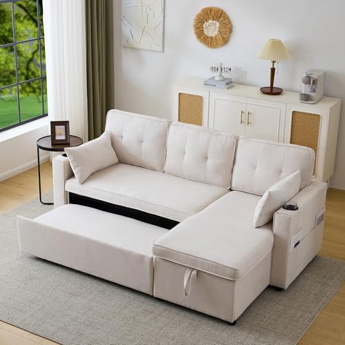DRIXNO Schlafsofa mit Schlaffunktion, L-förmiges Sofa Beige, Polstermöbel, Sofa-Chaiselongue mit Stauraum, mit Taschenbecherhalter, Wohnzimmer-Schlafsofa, Links und Rechts Austauschbare Chaiselongue