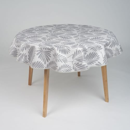 laro 140cm runde Wachstuch Tischdecke abwaschbar Wachstuchtischdecke mit Saum-Eingefasst-Paspelband, Muster:Blattgeflüster Grau Weiß, Größe: Rund 140cm