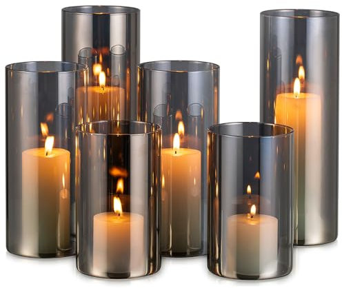 Hewory Lot de 6 photophores décoratifs en verre noir : lot de 6 photophores d'extérieur grands cylindres en verre pour bougies, photophores, décoration de table de salon moderne, photophores pour