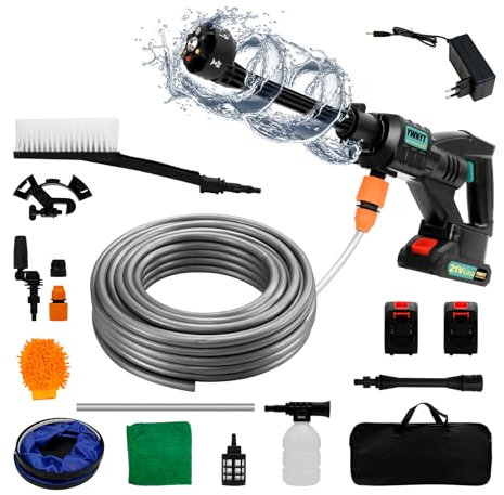 Akku Hochdruckreiniger 21V, Max 1000PSI Tragbar Mit 2 Akku, Mobil Mit 3.0Ah Batterie, 6-in-1 Multi-Sprühdüse 5M Schlauch für Auto, Haus, Rasen, Garten, Zaun