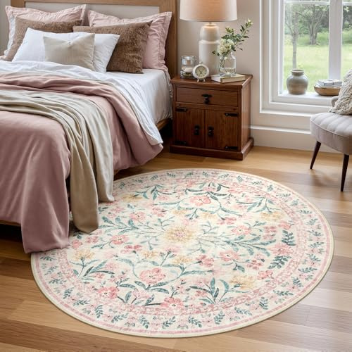 Wonnitar Runder Teppich, Blumenmuster, 152 cm, weich, rund, rutschfest, waschbar, rund, Boho-Teppich, fusselfrei, Blume, Used-Look, Kreisteppiche für Schlafzimmer, Mädchenzimmer, Kinderzimmer