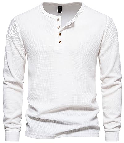 Breathable T Shirts for Men Solid Color Waffle Pullovers Crew Neck T-Shirt Quater Button Jumpers Long Sleeve Shirts Ribbed Cuff Blouse Top Autumn Thin Outdoor Casual Loose Fit Tops
