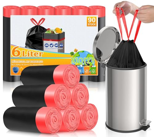 XIQIYY Kleine Müllbeutel 6L Schwarz Mit Zugband, Müllsäcke, 90 Stück | Robustes Material, Auslaufsicher, Reißfest, Für Kleine Abfalleimer, Ideal Für Den Alltag