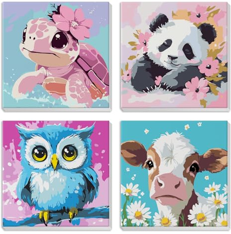 MXJSUA 4 Pack Paint by Numbers Kit for Kids with Frame, Animal Kids Paint by Number for Ages 6-8-12, Turtle Panda Owl Cow Pattern on Canvas, DIY Acrylic Oil Paints for Home Wall Decor 20x20cm