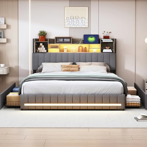 WOBOPCG Bett 140 x 190 cm, gepolstertes Bett mit Aufbewahrung, Bett Truhe mit LED und USB-Steckdose, Doppelbett mit Aufbewahrung, gepolstertes Bett mit Aufbewahrung (Grau, Leinen-2, 140 x 190 cm)