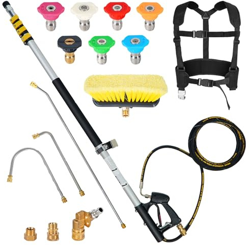 22FT Pressure Washer Extension Wand, Brush Head, Max 4000 PSI, Metal Buckle Support Belt, 2 Power Washer Extension Wands and Gutter Cleaner, Pivoting Coupler, 7 Spray Nozzle Tips