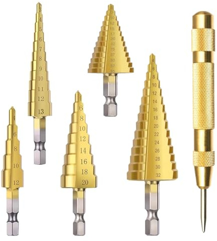 5 Piezas Broca Escalonada para Metal, con 13 mm Punzón Central Automático, 4-12 mm + 3-13 mm + 4-20 mm + 4-32 mm + 5-35 mm, para Cortar Madera, Plástico y Metal (Oro)