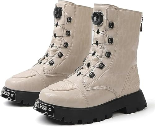 Kvinnors Motorcykel Stövlar, Hög Topp Ankelstöd Motorcykel Skor, Casual Läder Vattentät Slip Motorcykel Ridstövlar, Beige, 36 EU