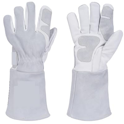 OUHFCASN Gants de soudage en cuir résistants à la chaleur for le soudage/la cuisson, gants de soudage de sécurité for le travail, blanc et gris Convient pour four/cheminée/soudure/cuisinière