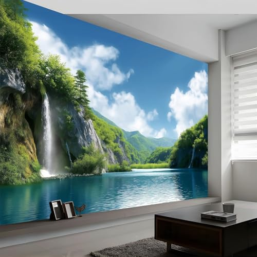 Wall Mural Blue Sky Waterfall Green Plants Wallpaper, 3D Wall Mural Decoration Poster Natural Scenery Picture Design, Photo Wallpaper for Living Room Bedroom Children's Room Office 300 x 210 cm