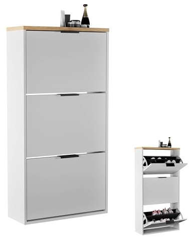 Planetmöbel Schuhschrank schmal mit 3 Klappen platzsparender | Schuhregal, 6 Ablagen, Schuhkommode für Diele, Flur, Garderobe 60 x 23 x 118 cm, weiß grau