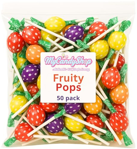 Swizzles Fruity Pops Lollies - 50 Retro British Lollipops - Vegan Sweets Strawberry, Lemon, Orange & Blackcurrant Flavours - Individually Wrapped Lolly Pops for Parties, Gifts & Snacking