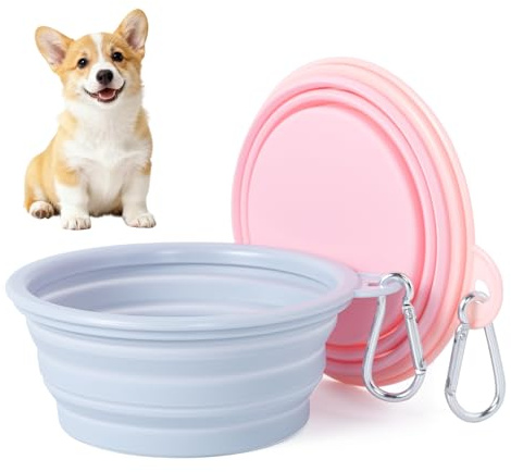 2 Pièces Bol Pliant en Silicone pour Chien, Les Couleurs de Macarons Gamelle Pliable Bol d'eau en pour Chien, Convient pour Marcher, randonnée, Camping (Rose + Gris Bleu, 350ml)