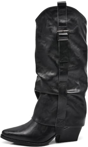 IF Fashion Scarpe Stivali Texani Western Da Donna Con Ghetta Fibbia Slouch 2Y6158-8 nero N.36