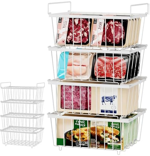 ZONJIE 4 PCS Chest Freezer Organiser - Stackable Freezer Organiser Storage with Handles for 198L Chest, Easy to Get Items, Storage Basket Pantry for Kitchen Cabinets Pantry, Sort Frozen Foods