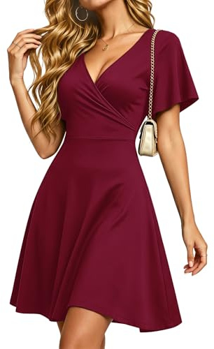 PLMOKEN Vestidos de Verano para Mujer Vestido Sexy con Cuello en V y Manga con Volantes Vestidos de Playa con Bolsillos Rojo Vino L