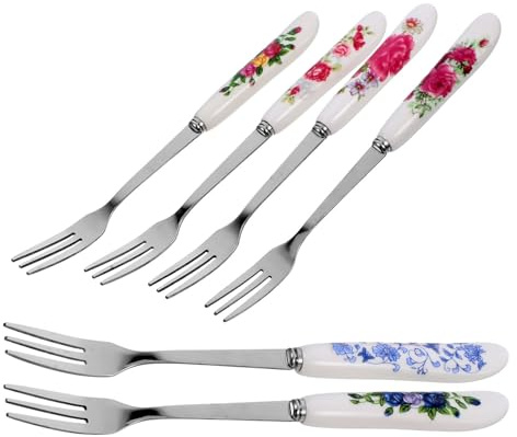 POPETPOP Juego de 6 Tenedores Pequeños para Postre de Acero Inoxidable Mango de Cerámica Decorativo Resistentes al Desgaste Portátiles y Prácticos para Frutas Pasteles y Fiestas