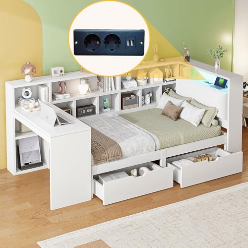 okwish Stauraumbett 90x200 cm für Kinder und Jugendliche, Weiß | LED-Beleuchtung, Steckdose, Schreibtisch, Bücherregal, Regal, 2 Schubladen, Stauraum, Versand in 3 Paketen