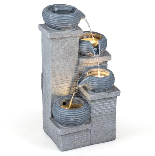 COSTWAY Fuente de Agua Decorativa con Luz LED, Fuente de Jardín Cascada de 4 Niveles con Cuencos, Flujo Ajustable y Bomba, Decoración Zen Interior Exterior para Patio Hogar Oficina, 28 x 22 x 58 cm