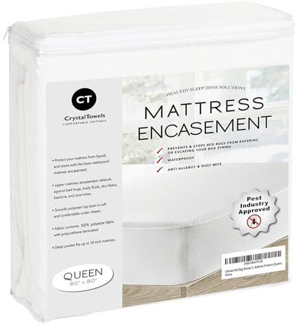 Waterproof Mattress Protector Queen Size - 6-Sided Zippered Mattress Encasement, Breathable Fabric Cover, Machine Washable, Fits Queen Mattress 60 x 80 Inches, Up to 16 Deep
