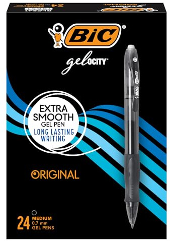 BIC Gelocity Original Black Gel Pens, Medium Point (0.7mm), 24-Count Pack, Retractable Gel Pens With Comfortable Grip