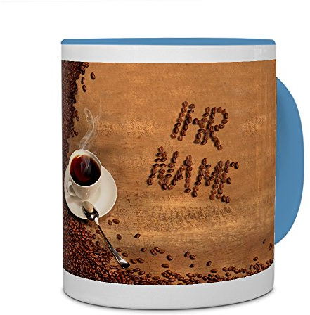 printplanet® Tasse mit Namen personalisiert - Motiv Kaffeebohnen individuell gestalten - Farbvariante Hellblau