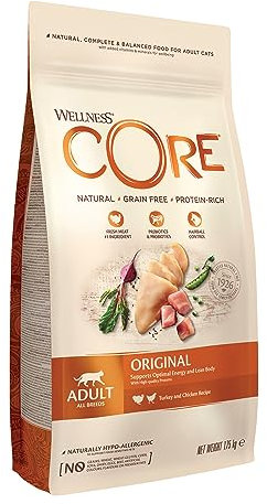 Wellness CORE Original, Pute & Huhn, 1,75 kg, Premium Katzenfutter trocken für ausgewachsene Katzen, ohne Zuckerzusatz, getreidefrei, mit hohem Fleischanteil, beugt Haarballen vor