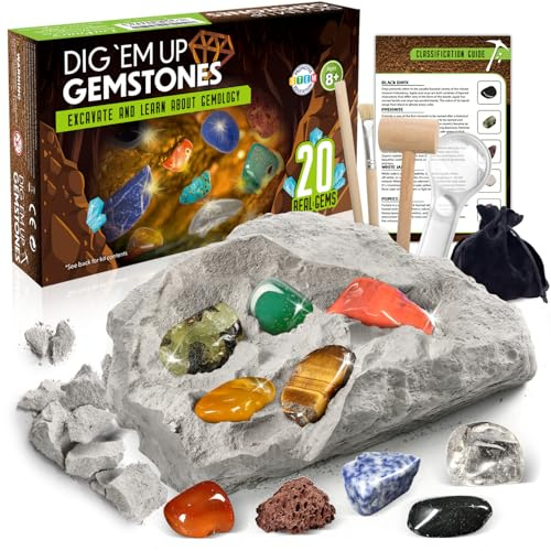 LotFancy Gemstone Dig Kit, Excavate 20 Real Gems, Science Kit for Kids Age 8-12, Educational Toy, Birthday Gift for Boys Girls with Mining Tools
