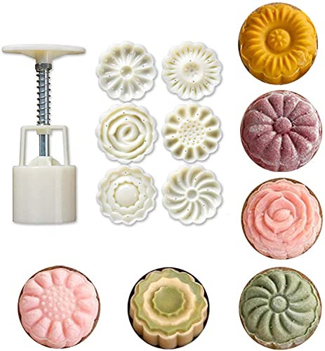 LEAMALLS 7 Pezzi Mooncake Stampa Formine per Biscotti Timbro Presse Muffin e Cupcake con Fiore timbri Fai da Te Utensili da Forno Pasticceria Fondente Decorazione Modellare Attrezzi