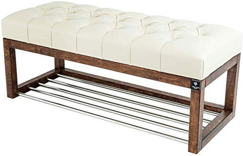 EMRA WOOD LPP 4 Sitzbank Bank Hocker HÖHE 50cm Kunstleder Ecru Altweiss Weiss Creme Holz Walnuss Lackiert Antik Schick Elegant Neu OVP Handarbeit Nach Mass (80, 35)