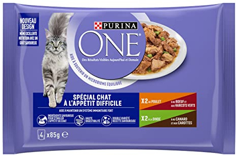 PURINA ONE | BIFENSIS | Chat Adulte à l'appétit difficile | Effilés en Sauce | Stimule l'appétit du Chat, Haute digestibilité| Poulet & Boeuf et Dinde & Canard | Sachet Repas | 4 x 85 g