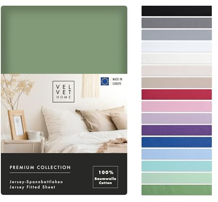 VelvetHome Spannbettlaken 200x220cm 100% gekämmte Baumwolle Made in EU Jersey Bettlaken 200x220 bis 25 cm Matratzenhöhe Spannbetttuch 200x220 Premium Qualität Schönen Farben Grün 200 x 220