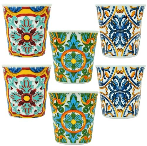 Set 6 Tazzine Caffè Particolari - Realizzate In Porcellana - Adatto Alla Lavastoviglie e Microonde - Multicolore e Moderne - 6cm x 6cm - Idea Regalo