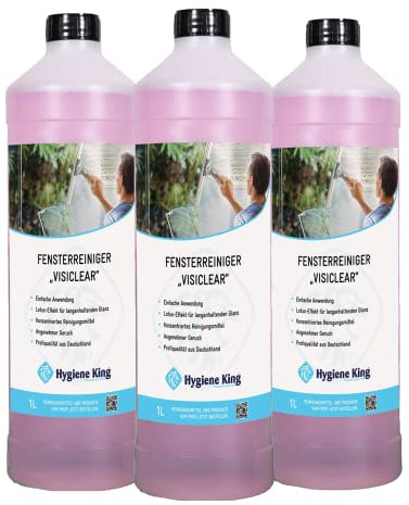 Hygiene King | Glasreiniger mit Lotuseffekt | 3x1 Liter | Konzentrat zum streifenfreien Reinigen von Glasoberflächen wie Fenster, Spiegel und Fensterrahmen