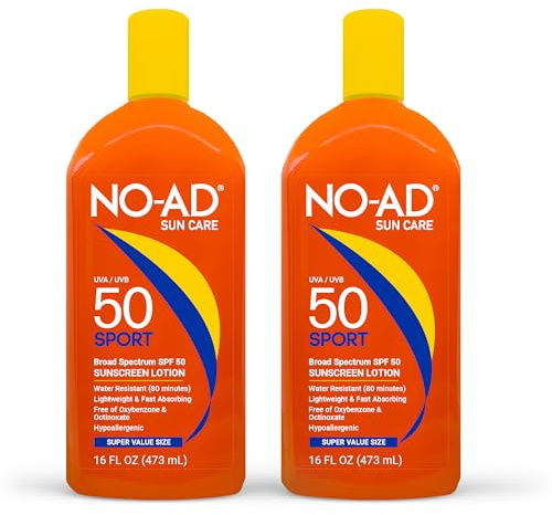 NO-AD SPF 50 SPORT Sunscreen Lotion | Hypoallergenic | Broad Spectrum UVA/UVB Protection | Water Resistant | Octinoxate & Oxybenzone Free with moisturizing Vitamin E and Aloe 16oz | Pack of 2