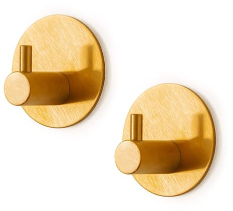 tothehype Ganchos Adhesivos Pared de Acero Inoxidable sin Taladro ni Clavos. Colgadores Pared con Adhesivo Resistente 3M para Organizar Baño, Cocina o Dormitorio. Pack De 2 Percheros Dorado Mate.