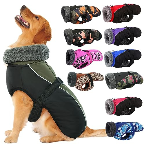 IECOii Dog Winter Coat Reflective Adjustable Dog Jacket Dog Coat with Buckle Fleece Turtleneck for Cold Weather Soft Winter Coat for Small Medium Extra Large Dogs, Army Green